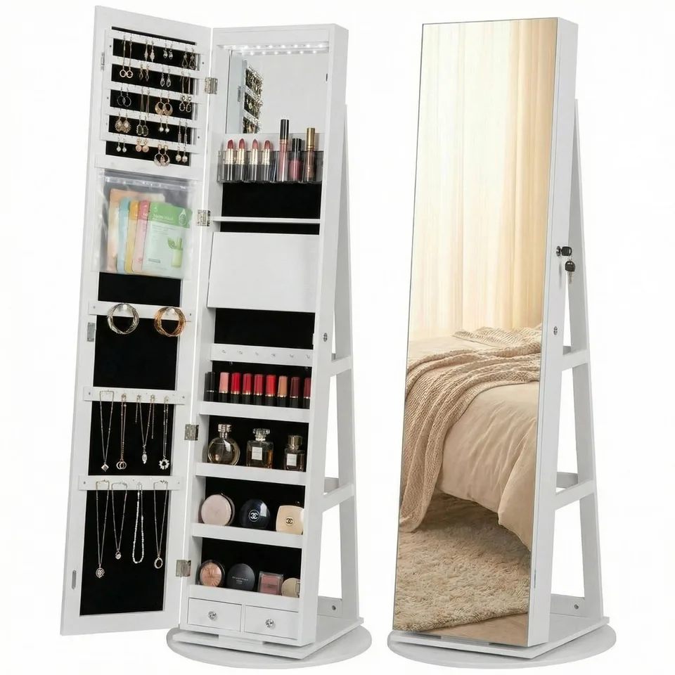 Freestanding Rotating Jewelry Armoire, Full Length Mirror Cabinet, Rustic Brown view 2