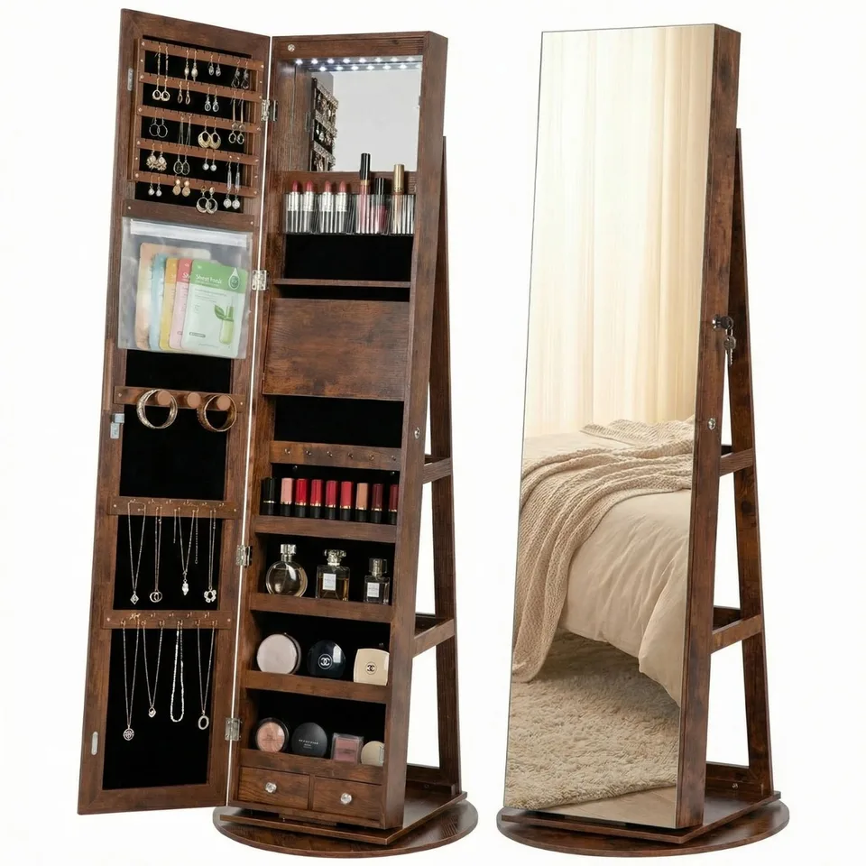 Freestanding Rotating Jewelry Armoire, Full Length Mirror Cabinet, Rustic Brown view 1