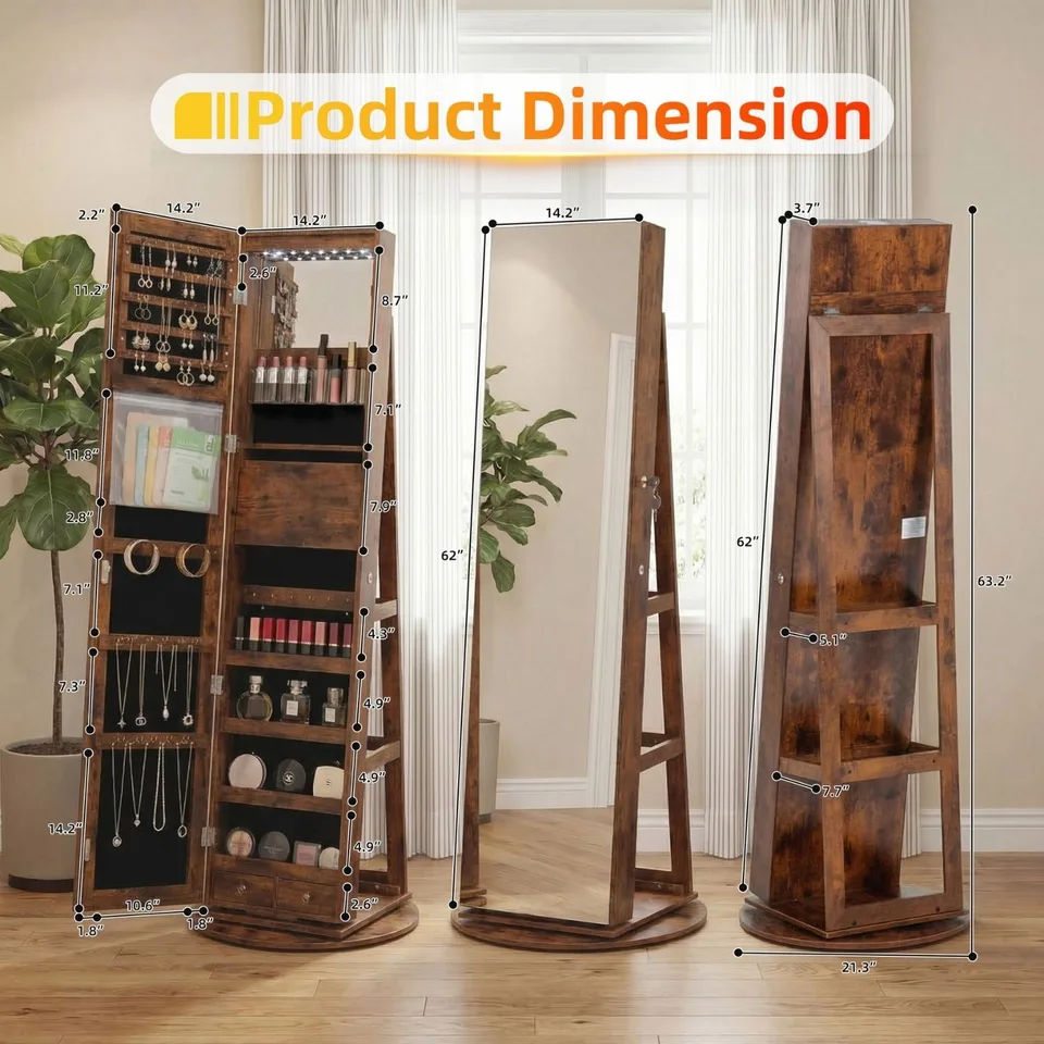 Freestanding Rotating Jewelry Armoire, Full Length Mirror Cabinet, Rustic Brown view 3
