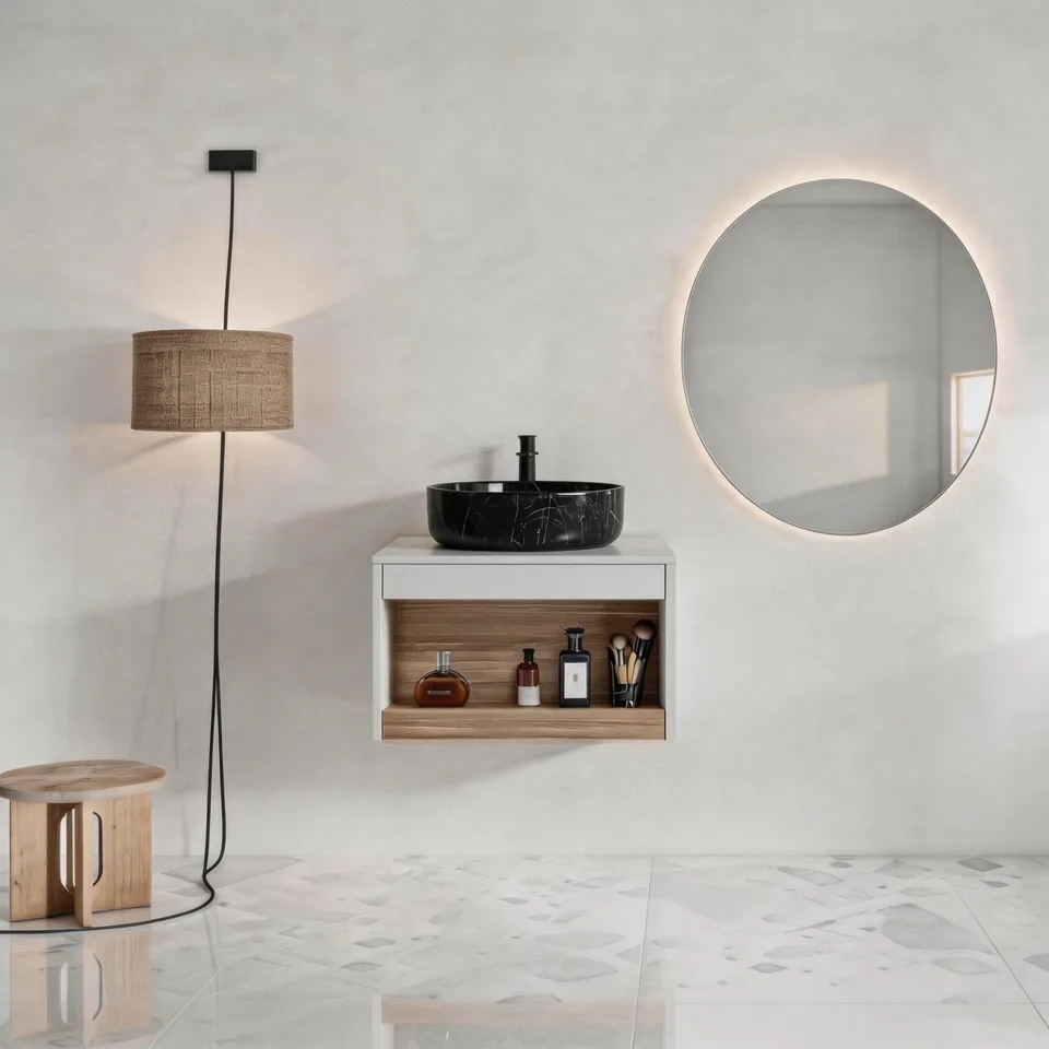 24" Floating Bathroom Vanity with Black Marble Vein Vessel Sink, Wall-Mounted Vanity with Open Shelf Storage, White Finish with Wood Accent view 16
