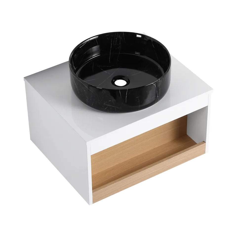 24" Floating Bathroom Vanity with Black Marble Vein Vessel Sink, Wall-Mounted Vanity with Open Shelf Storage, White Finish with Wood Accent view 11