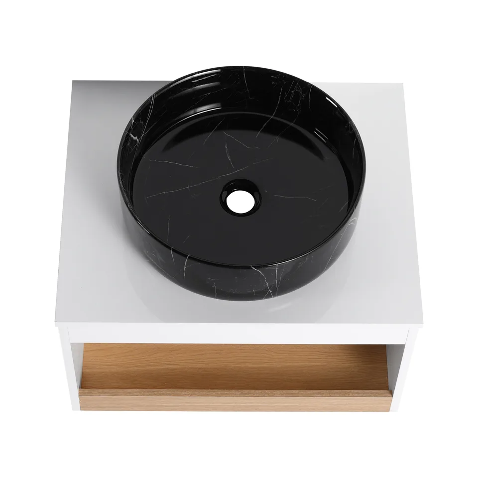24" Floating Bathroom Vanity with Black Marble Vein Vessel Sink, Wall-Mounted Vanity with Open Shelf Storage, White Finish with Wood Accent view 14