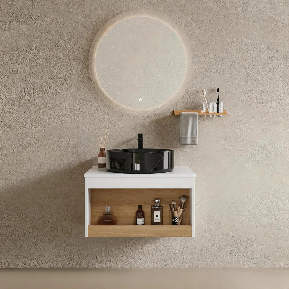 24" Floating Bathroom Vanity with Black Marble Vein Vessel Sink, Wall-Mounted Vanity with Open Shelf Storage, White Finish with Wood Accent view 1