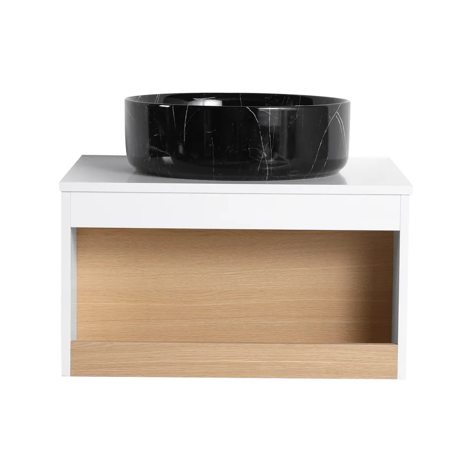 24" Floating Bathroom Vanity with Black Marble Vein Vessel Sink, Wall-Mounted Vanity with Open Shelf Storage, White Finish with Wood Accent view 12