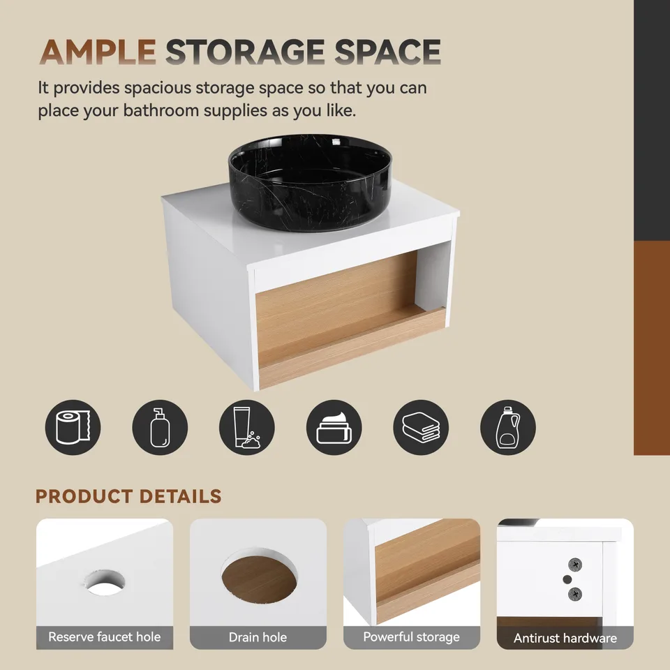 24" Floating Bathroom Vanity with Black Marble Vein Vessel Sink, Wall-Mounted Vanity with Open Shelf Storage, White Finish with Wood Accent view 3