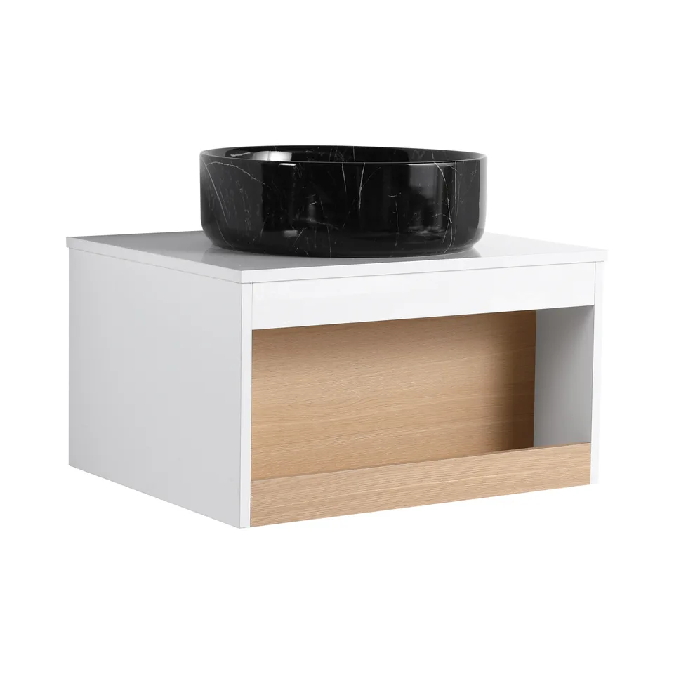 24" Floating Bathroom Vanity with Black Marble Vein Vessel Sink, Wall-Mounted Vanity with Open Shelf Storage, White Finish with Wood Accent view 2
