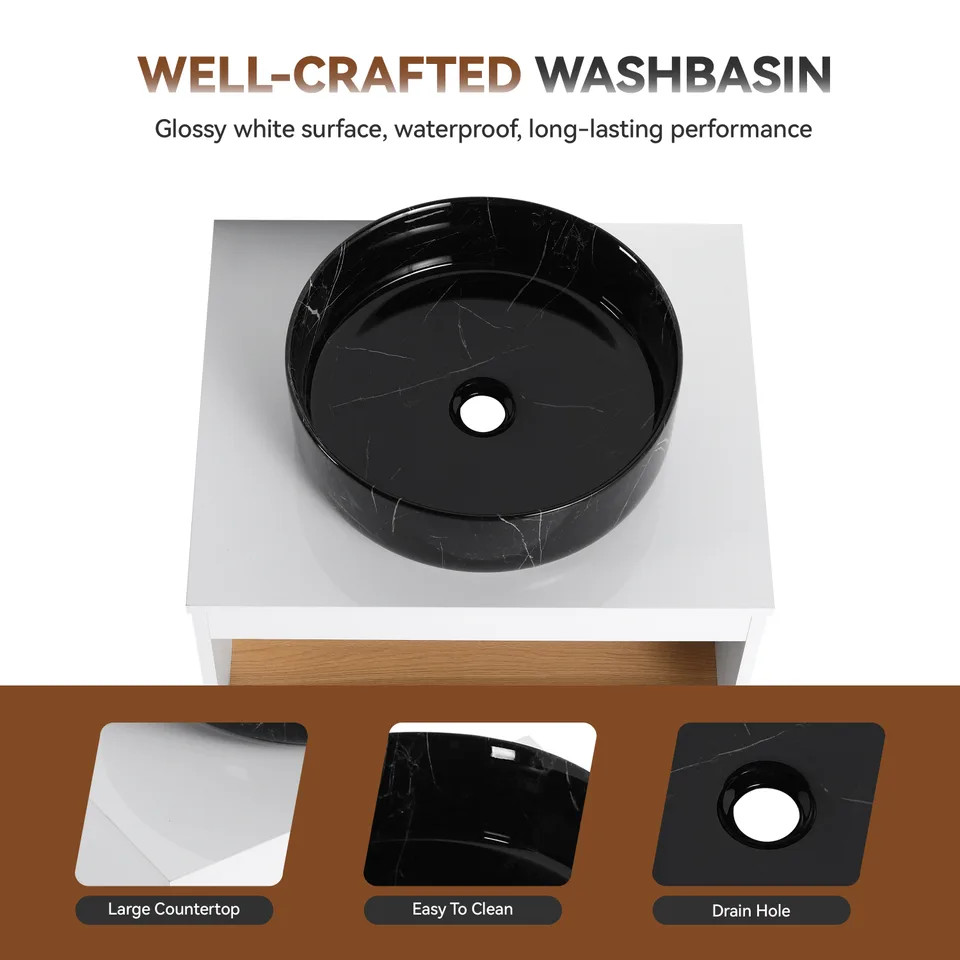 24" Floating Bathroom Vanity with Black Marble Vein Vessel Sink, Wall-Mounted Vanity with Open Shelf Storage, White Finish with Wood Accent view 8