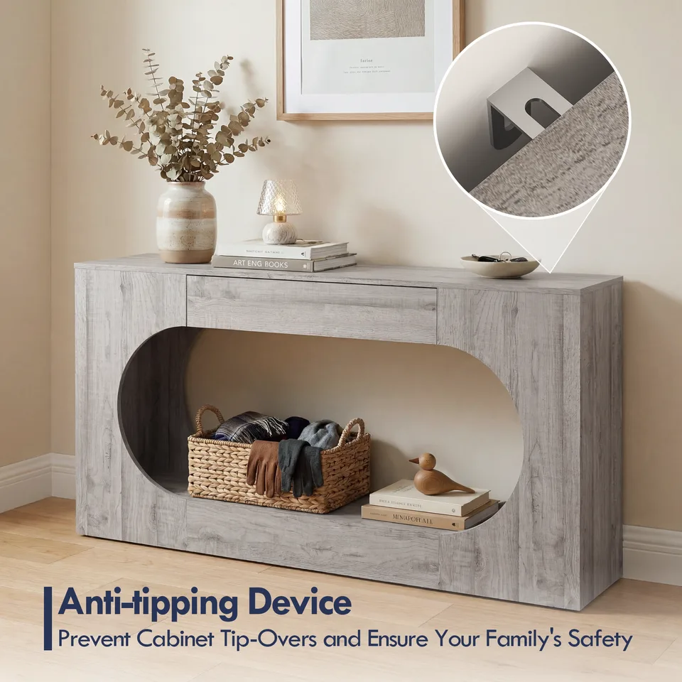 Modern Grey Wood Grain Console Table, Particle Board Entryway Table with Storage Drawer, Hollow Oval Cutout Narrow Sofa Accent Table for view 4