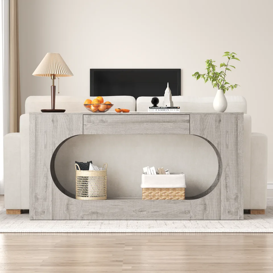 Modern Grey Wood Grain Console Table, Particle Board Entryway Table with Storage Drawer, Hollow Oval Cutout Narrow Sofa Accent Table for view 12