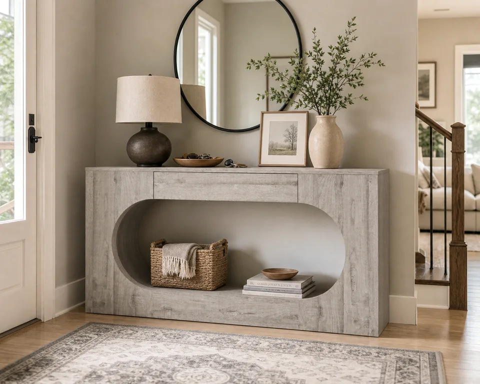 Modern Grey Wood Grain Console Table, Particle Board Entryway Table with Storage Drawer, Hollow Oval Cutout Narrow Sofa Accent Table for view 11