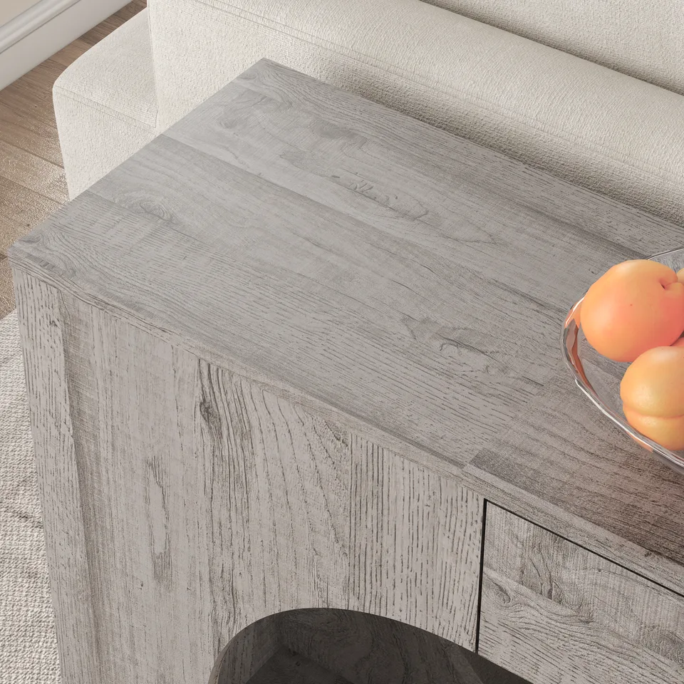 Modern Grey Wood Grain Console Table, Particle Board Entryway Table with Storage Drawer, Hollow Oval Cutout Narrow Sofa Accent Table for view 6