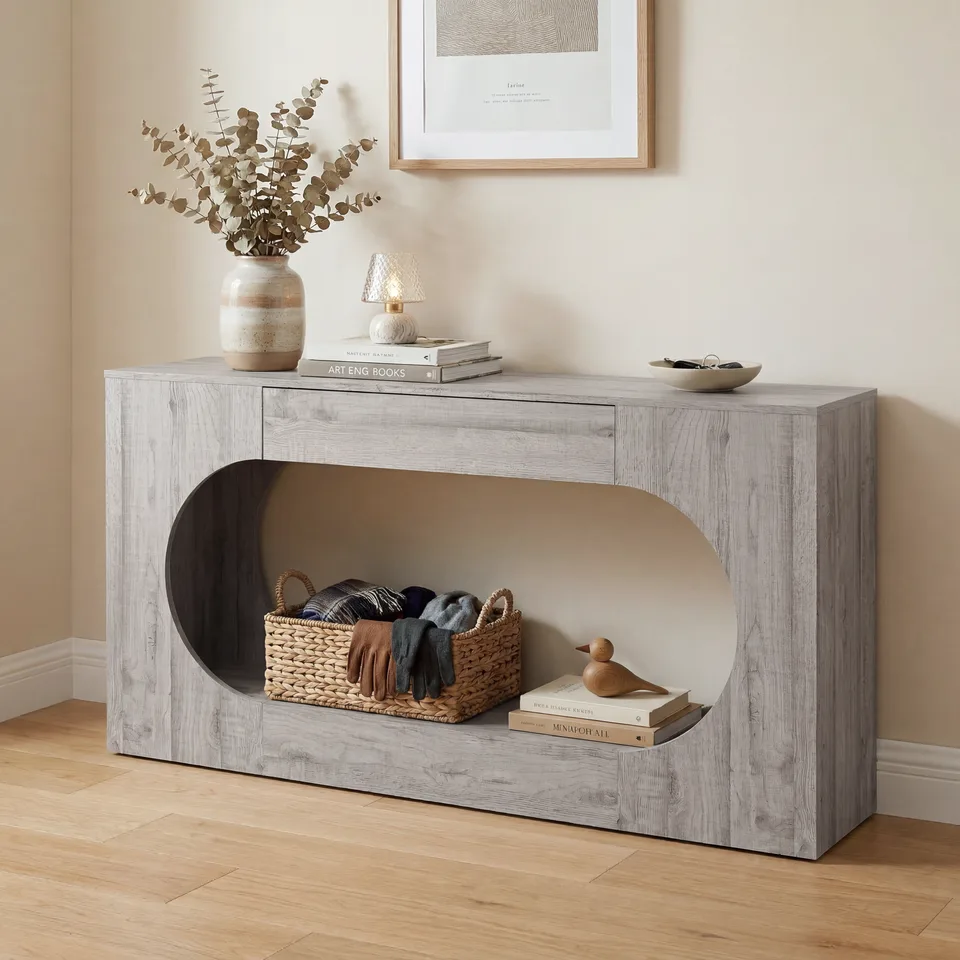 Modern Grey Wood Grain Console Table, Particle Board Entryway Table with Storage Drawer, Hollow Oval Cutout Narrow Sofa Accent Table for view 8