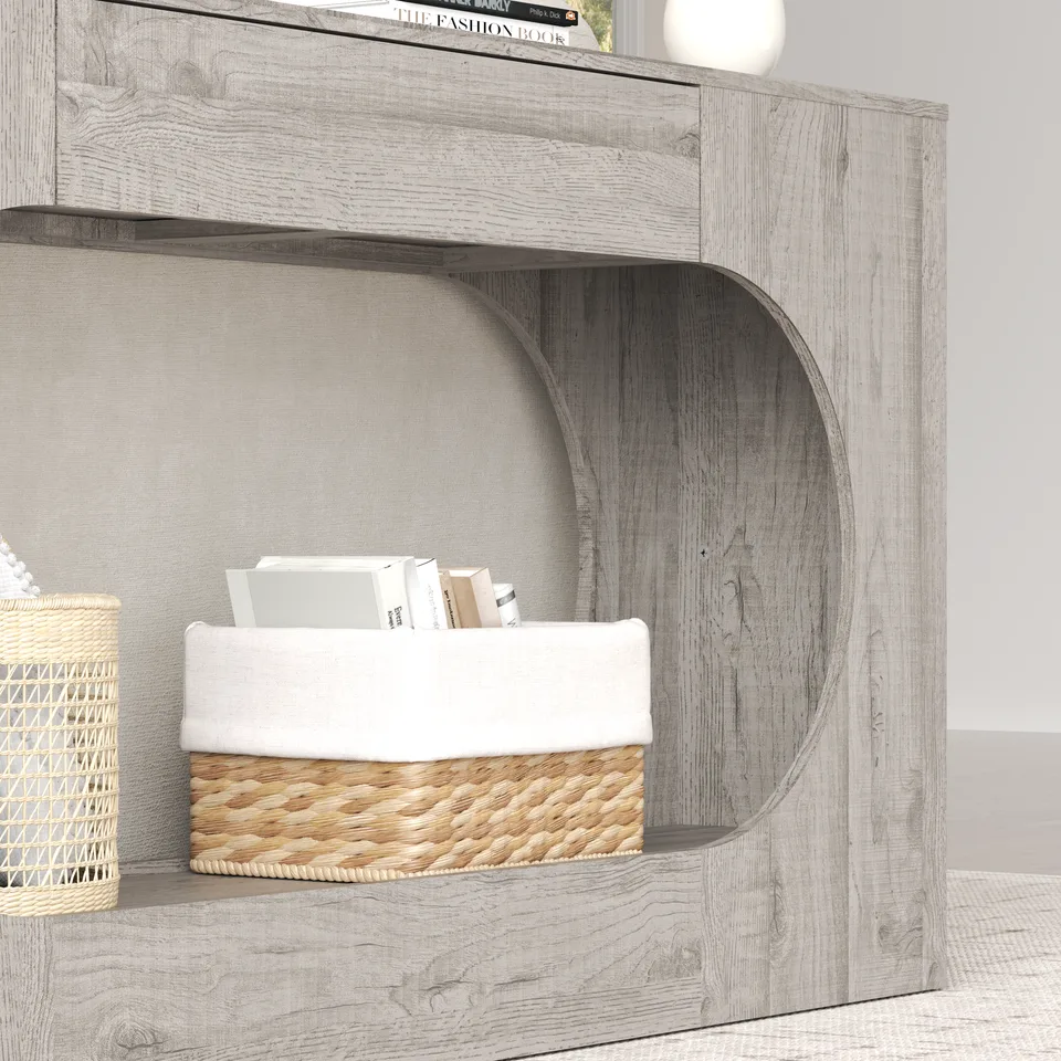 Modern Grey Wood Grain Console Table, Particle Board Entryway Table with Storage Drawer, Hollow Oval Cutout Narrow Sofa Accent Table for view 15