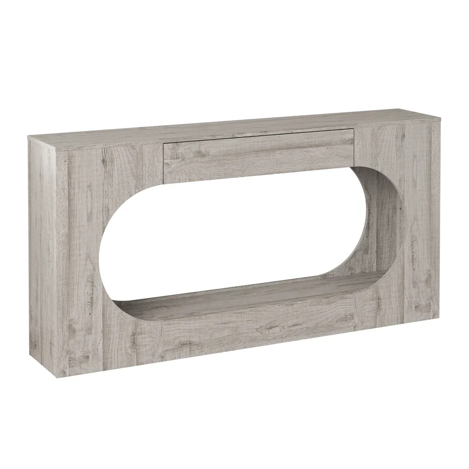 Modern Grey Wood Grain Console Table, Particle Board Entryway Table with Storage Drawer, Hollow Oval Cutout Narrow Sofa Accent Table for view 3