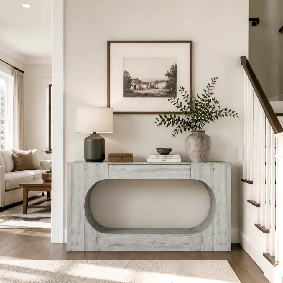Modern Grey Wood Grain Console Table, Particle Board Entryway Table with Storage Drawer, Hollow Oval Cutout Narrow Sofa Accent Table for view 13