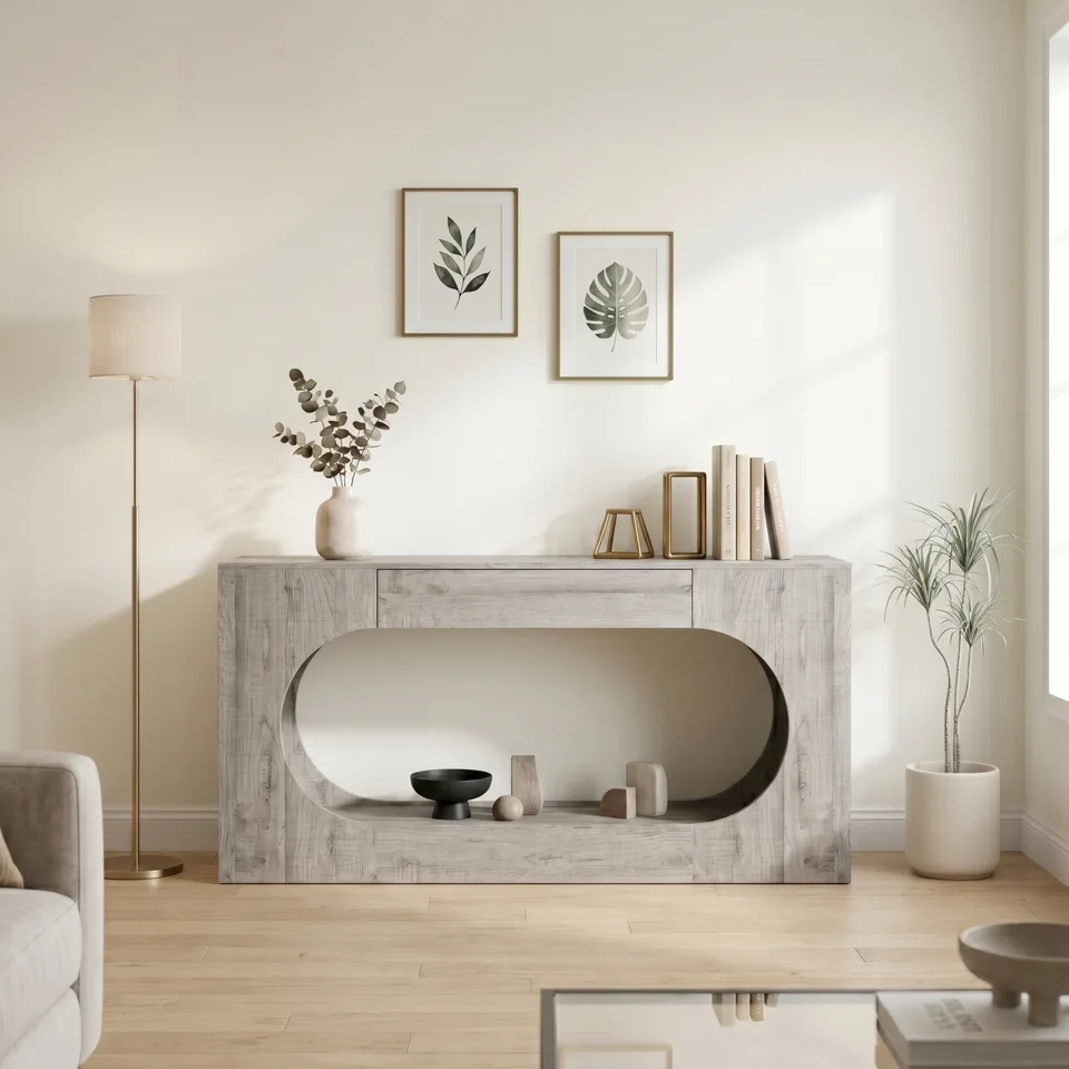 Modern Grey Wood Grain Console Table, Particle Board Entryway Table with Storage Drawer, Hollow Oval Cutout Narrow Sofa Accent Table for view 14