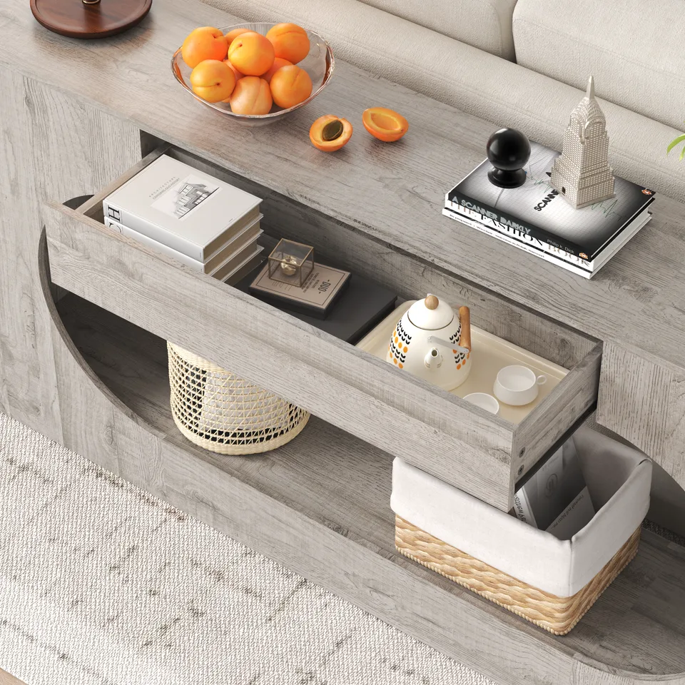 Modern Grey Wood Grain Console Table, Particle Board Entryway Table with Storage Drawer, Hollow Oval Cutout Narrow Sofa Accent Table for view 5