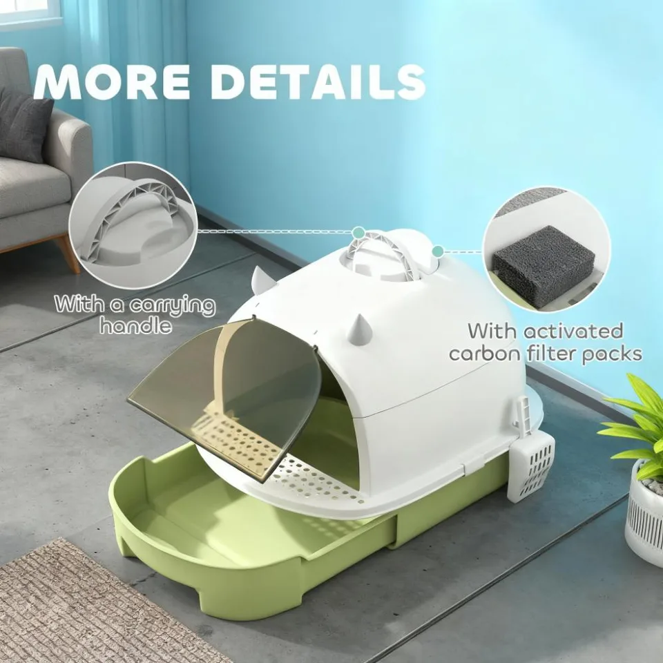 Green Cat Litter Box with Lid, Scoop, Deodorizing Bags view 4