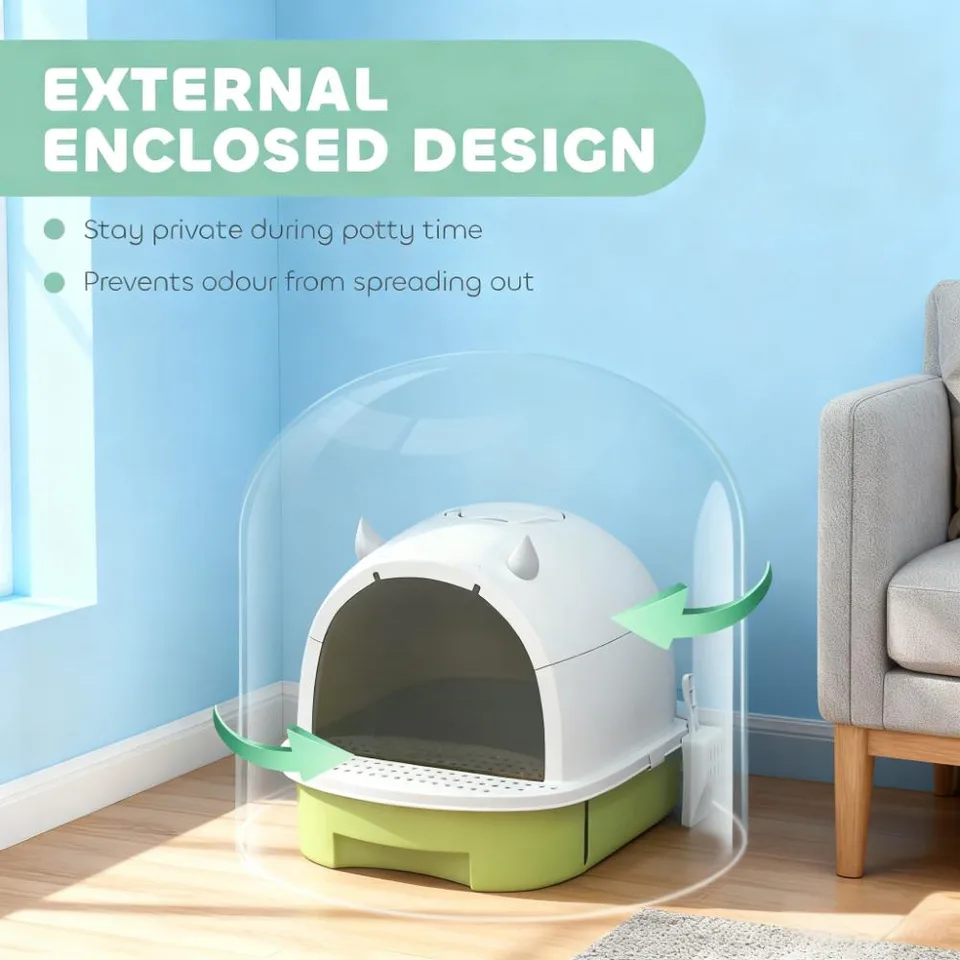 Green Cat Litter Box with Lid, Scoop, Deodorizing Bags view 3