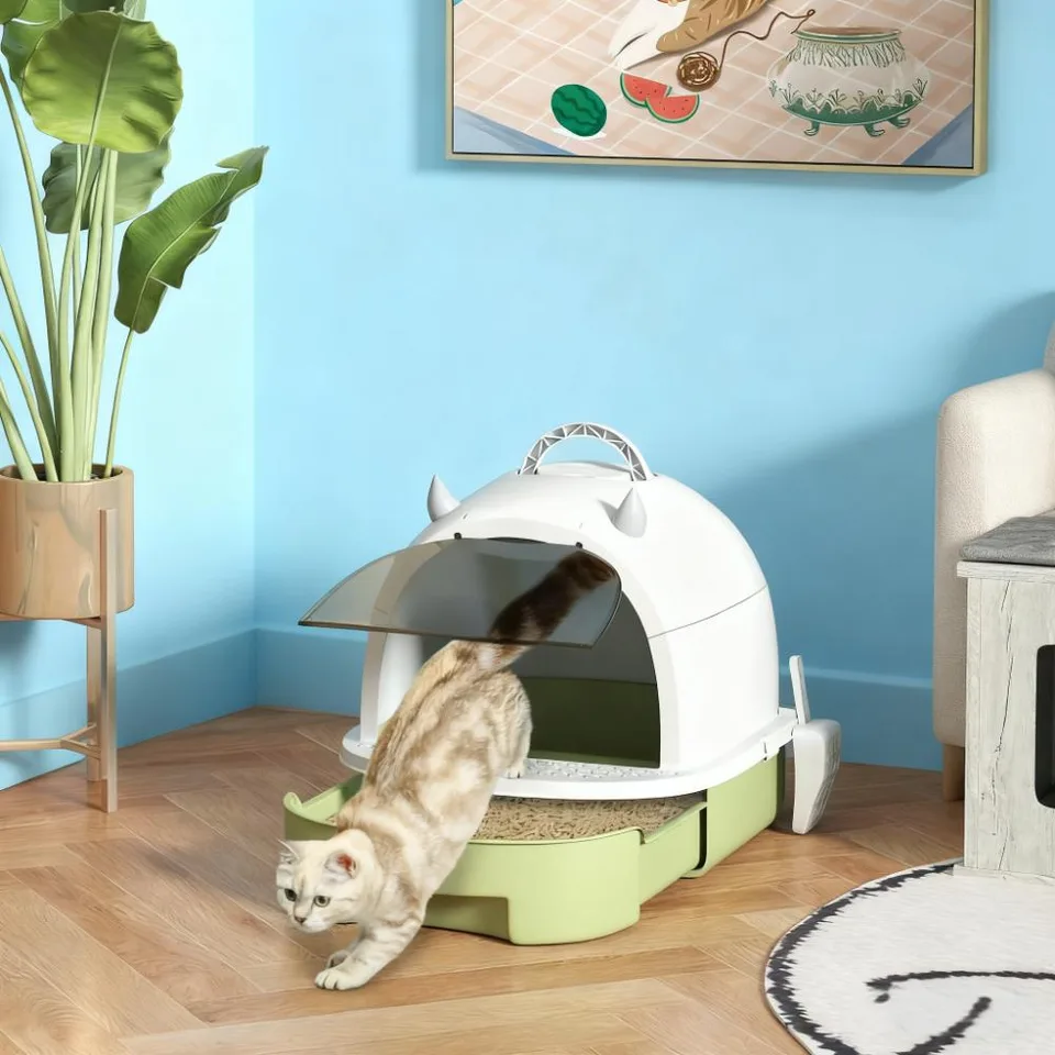 Green Cat Litter Box with Lid, Scoop, Deodorizing Bags view 2