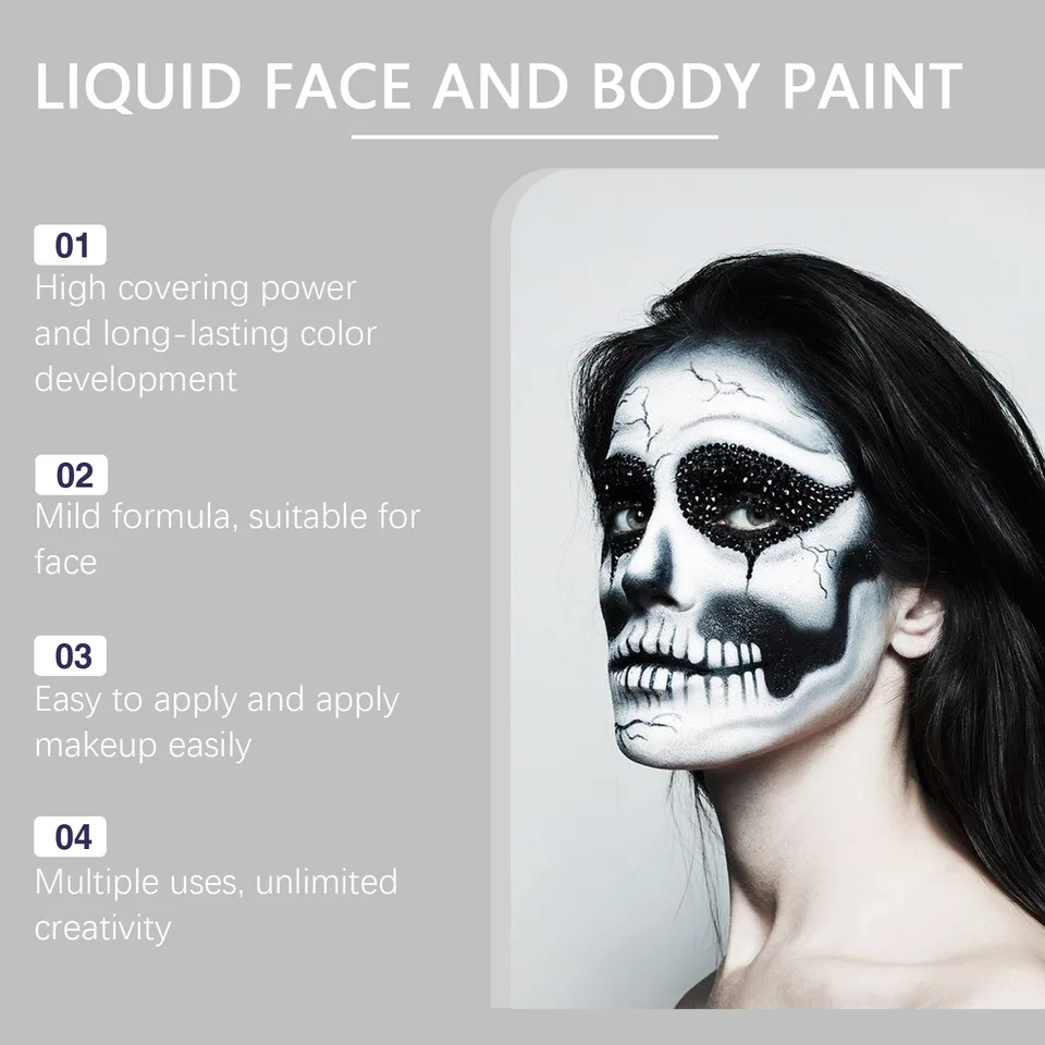 Halloween Black White Liquid Face Body Paint, Quick Dry Face Painting Kit With Brush, Long Lasting Face Paint For Halloween Skeleton Cosplay view 3