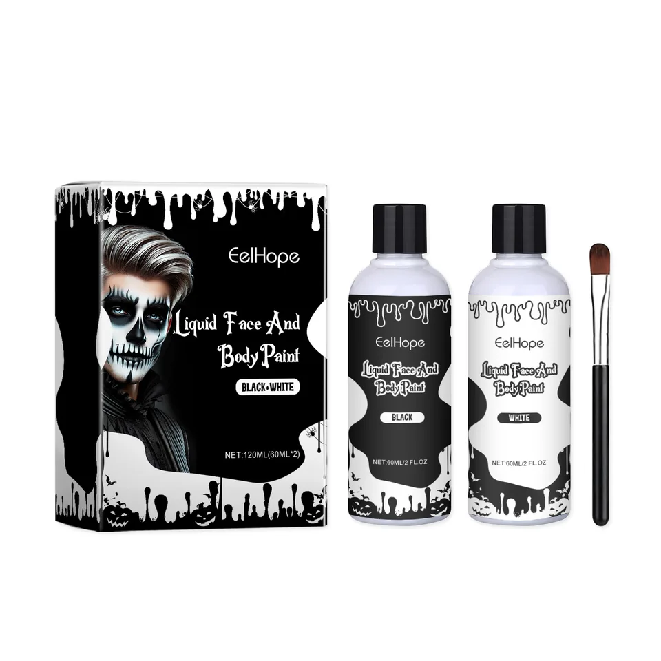 Halloween Black White Liquid Face Body Paint, Quick Dry Face Painting Kit With Brush, Long Lasting Face Paint For Halloween Skeleton Cosplay view 1