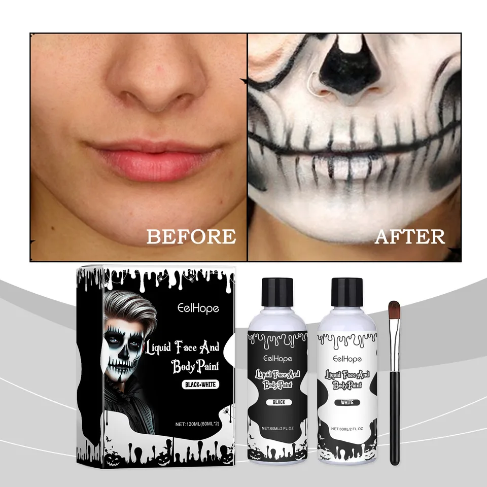 Halloween Black White Liquid Face Body Paint, Quick Dry Face Painting Kit With Brush, Long Lasting Face Paint For Halloween Skeleton Cosplay view 5