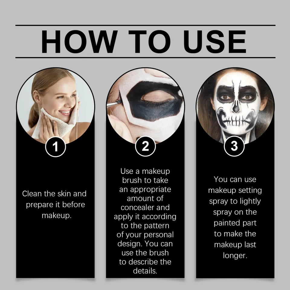 Halloween Black White Liquid Face Body Paint, Quick Dry Face Painting Kit With Brush, Long Lasting Face Paint For Halloween Skeleton Cosplay view 11