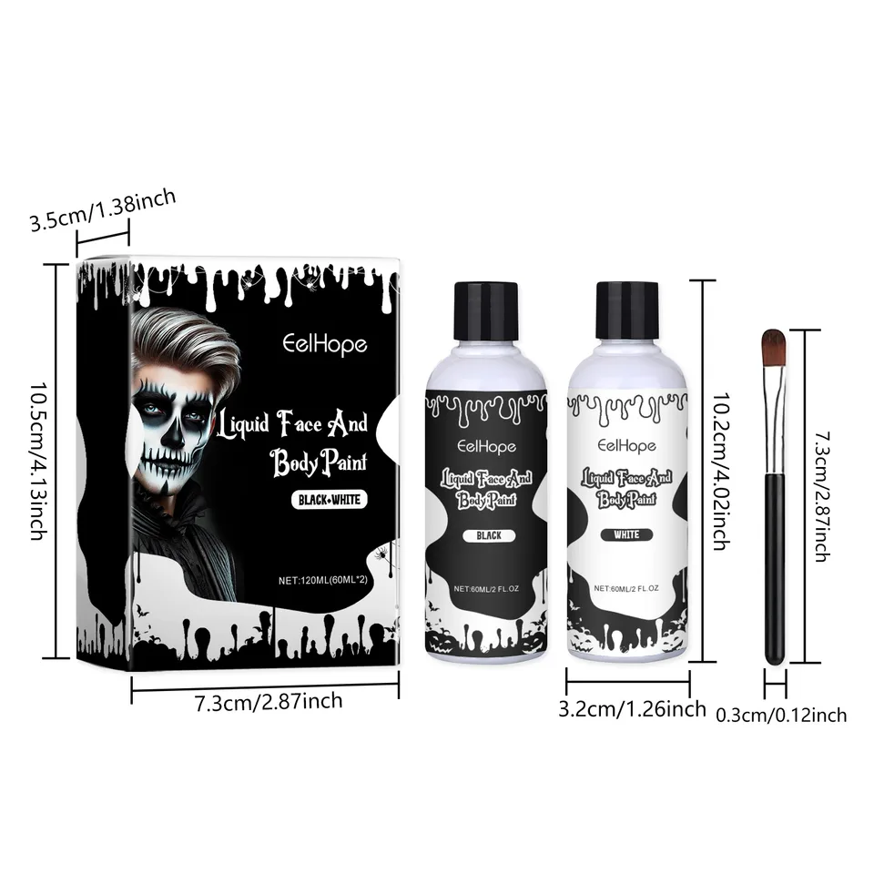 Halloween Black White Liquid Face Body Paint, Quick Dry Face Painting Kit With Brush, Long Lasting Face Paint For Halloween Skeleton Cosplay view 8