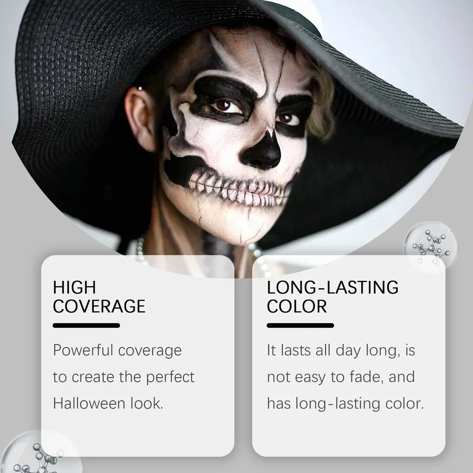 Halloween Black White Liquid Face Body Paint, Quick Dry Face Painting Kit With Brush, Long Lasting Face Paint For Halloween Skeleton Cosplay view 9