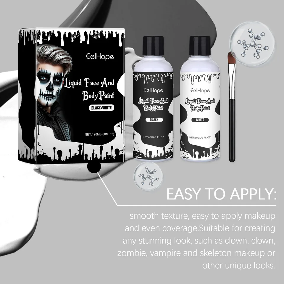 Halloween Black White Liquid Face Body Paint, Quick Dry Face Painting Kit With Brush, Long Lasting Face Paint For Halloween Skeleton Cosplay view 10