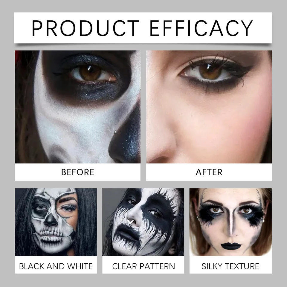 Halloween Black White Liquid Face Body Paint, Quick Dry Face Painting Kit With Brush, Long Lasting Face Paint For Halloween Skeleton Cosplay view 4
