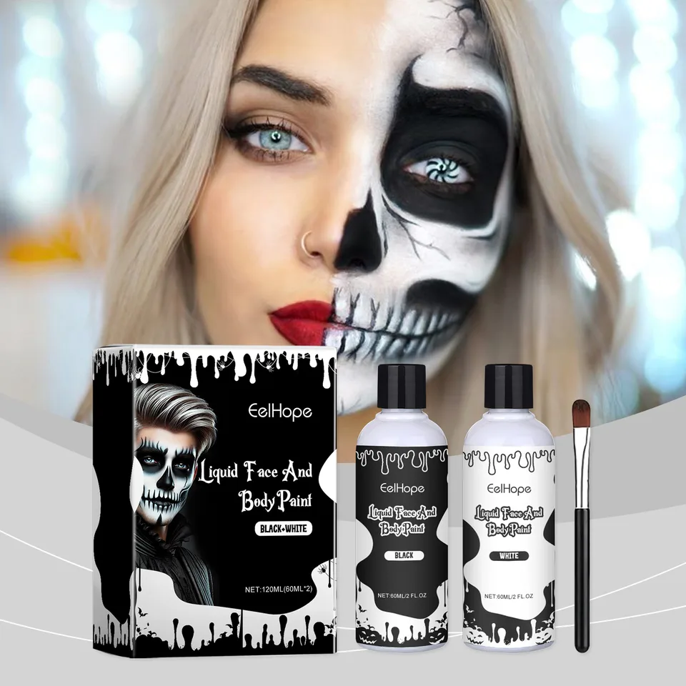 Halloween Black White Liquid Face Body Paint, Quick Dry Face Painting Kit With Brush, Long Lasting Face Paint For Halloween Skeleton Cosplay view 7
