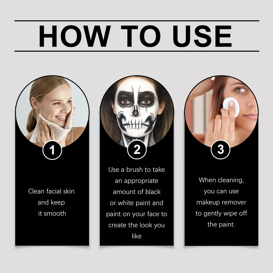 Black White Face Paint Kit, Halloween Skeleton Body Paint For Cosplay Costume Makeup, High Coverage Face Painting With Brushes view 6