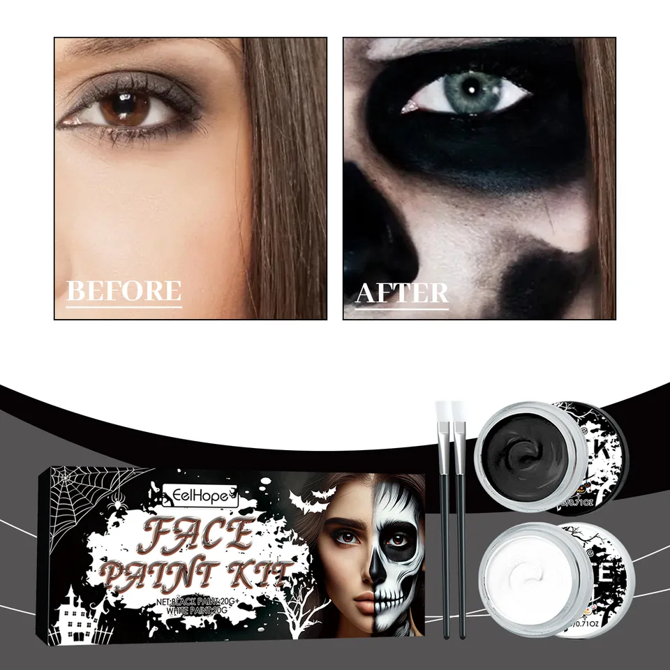 Black White Face Paint Kit, Halloween Skeleton Body Paint For Cosplay Costume Makeup, High Coverage Face Painting With Brushes view 5