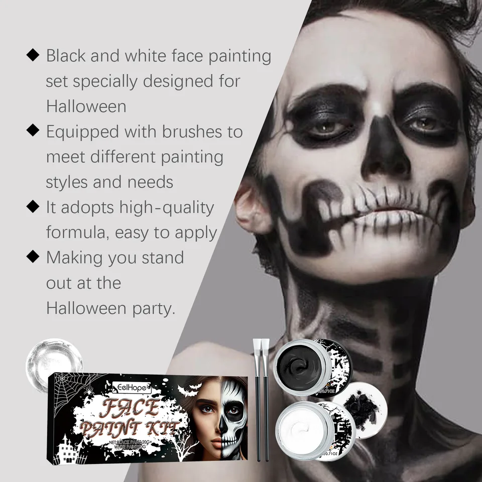 Black White Face Paint Kit, Halloween Skeleton Body Paint For Cosplay Costume Makeup, High Coverage Face Painting With Brushes view 2