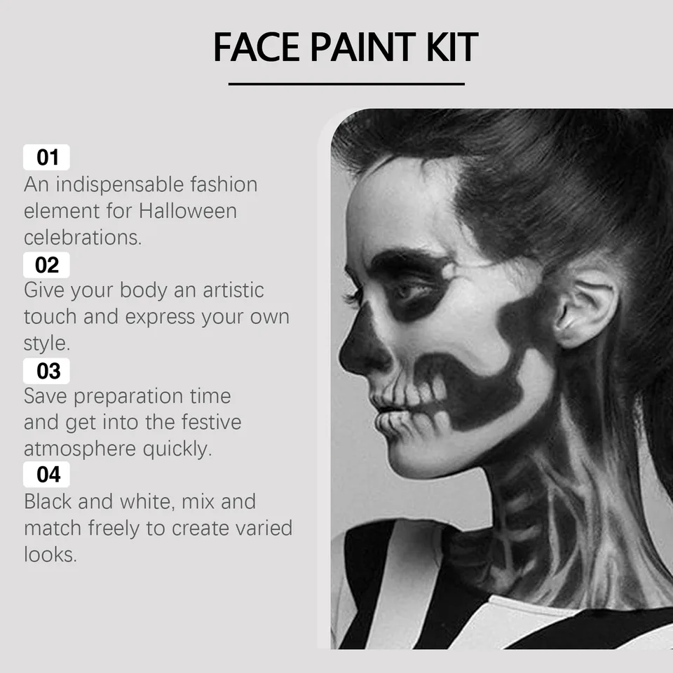 Black White Face Paint Kit, Halloween Skeleton Body Paint For Cosplay Costume Makeup, High Coverage Face Painting With Brushes view 7