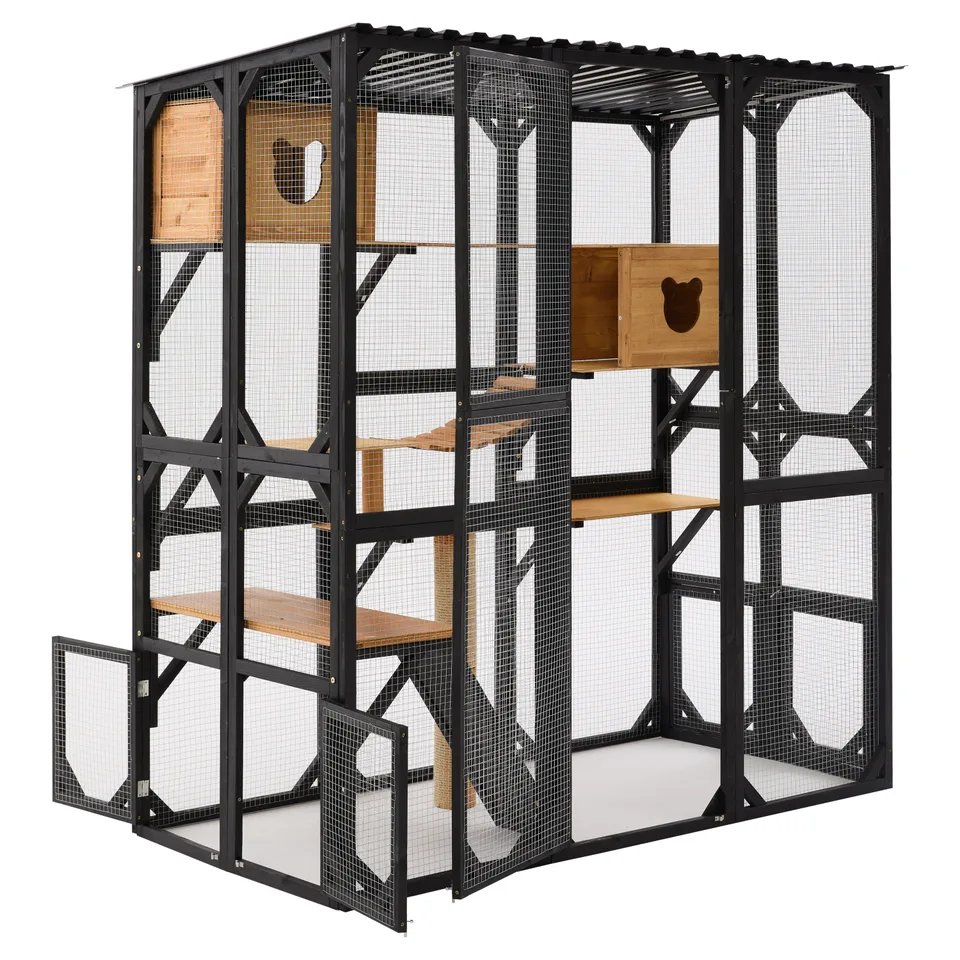Outdoor Cat Enclosure Fir Wood Catio Outdoor Cat House Patio Cat Playpen with Sleeping Houses, Jumping Platforms, Scratching Post and Secure view 6