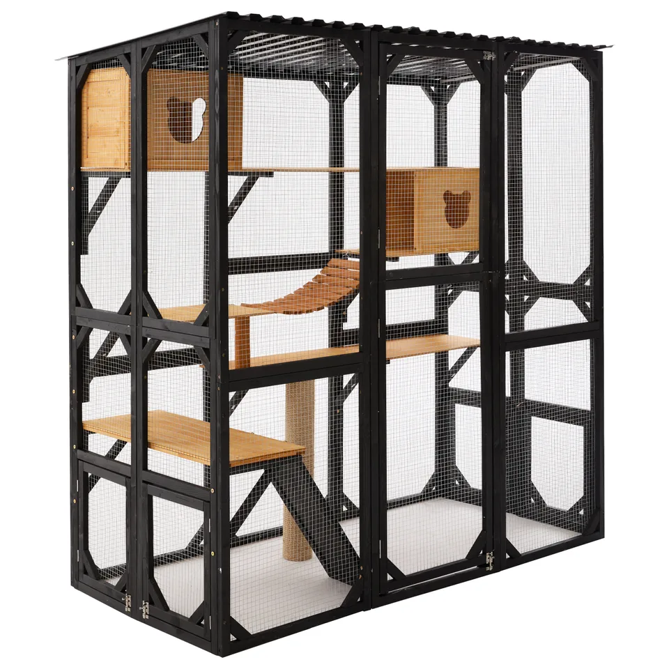 Outdoor Cat Enclosure Fir Wood Catio Outdoor Cat House Patio Cat Playpen with Sleeping Houses, Jumping Platforms, Scratching Post and Secure view 15