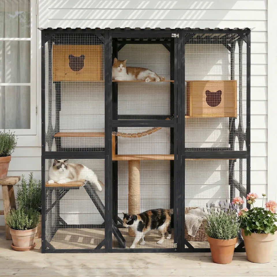 Outdoor Cat Enclosure Fir Wood Catio Outdoor Cat House Patio Cat Playpen with Sleeping Houses, Jumping Platforms, Scratching Post and Secure view 4
