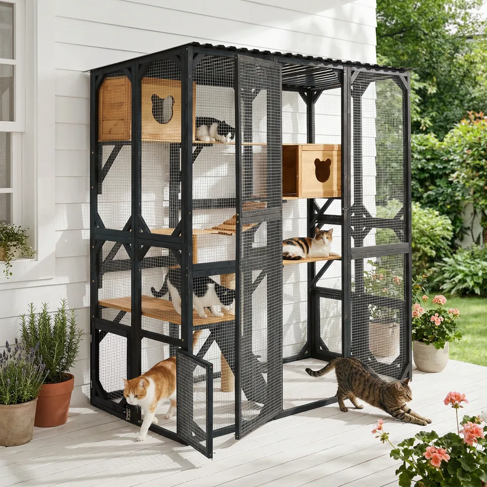 Outdoor Cat Enclosure Fir Wood Catio Outdoor Cat House Patio Cat Playpen with Sleeping Houses, Jumping Platforms, Scratching Post and Secure view 1