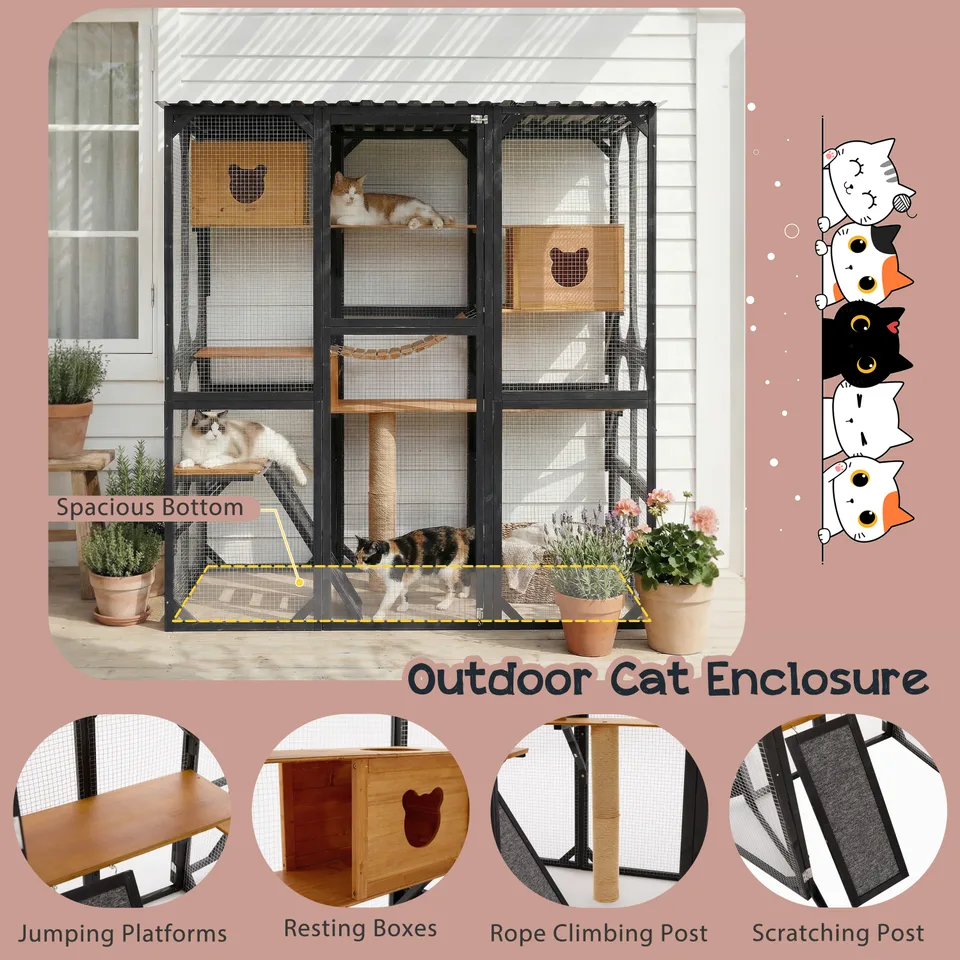 Outdoor Cat Enclosure Fir Wood Catio Outdoor Cat House Patio Cat Playpen with Sleeping Houses, Jumping Platforms, Scratching Post and Secure view 5