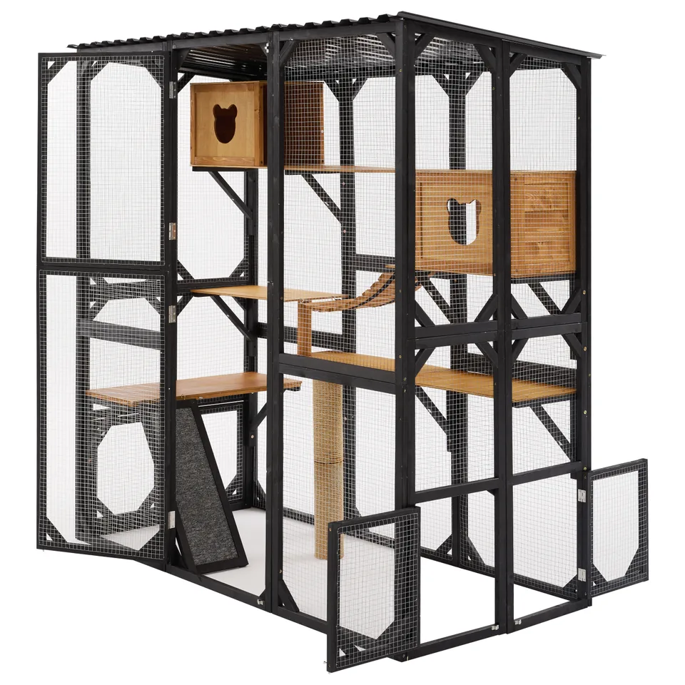 Outdoor Cat Enclosure Fir Wood Catio Outdoor Cat House Patio Cat Playpen with Sleeping Houses, Jumping Platforms, Scratching Post and Secure view 9