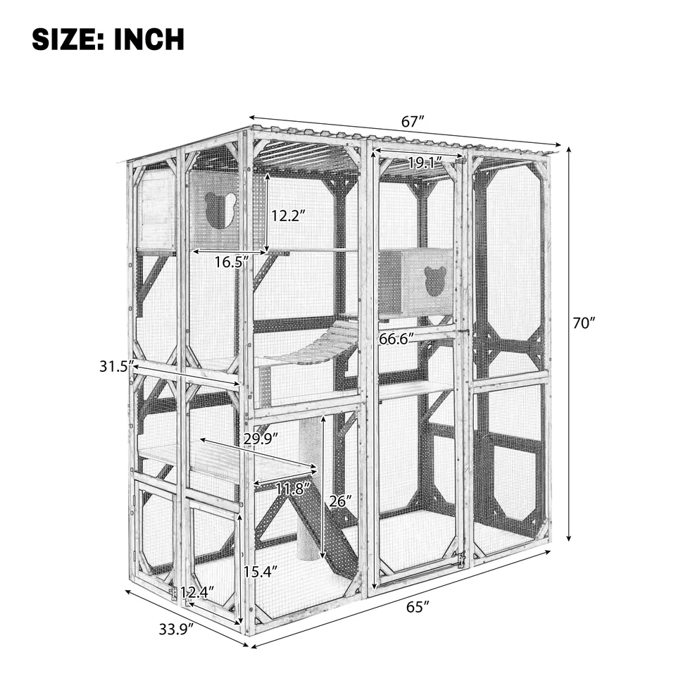 Outdoor Cat Enclosure Fir Wood Catio Outdoor Cat House Patio Cat Playpen with Sleeping Houses, Jumping Platforms, Scratching Post and Secure view 16