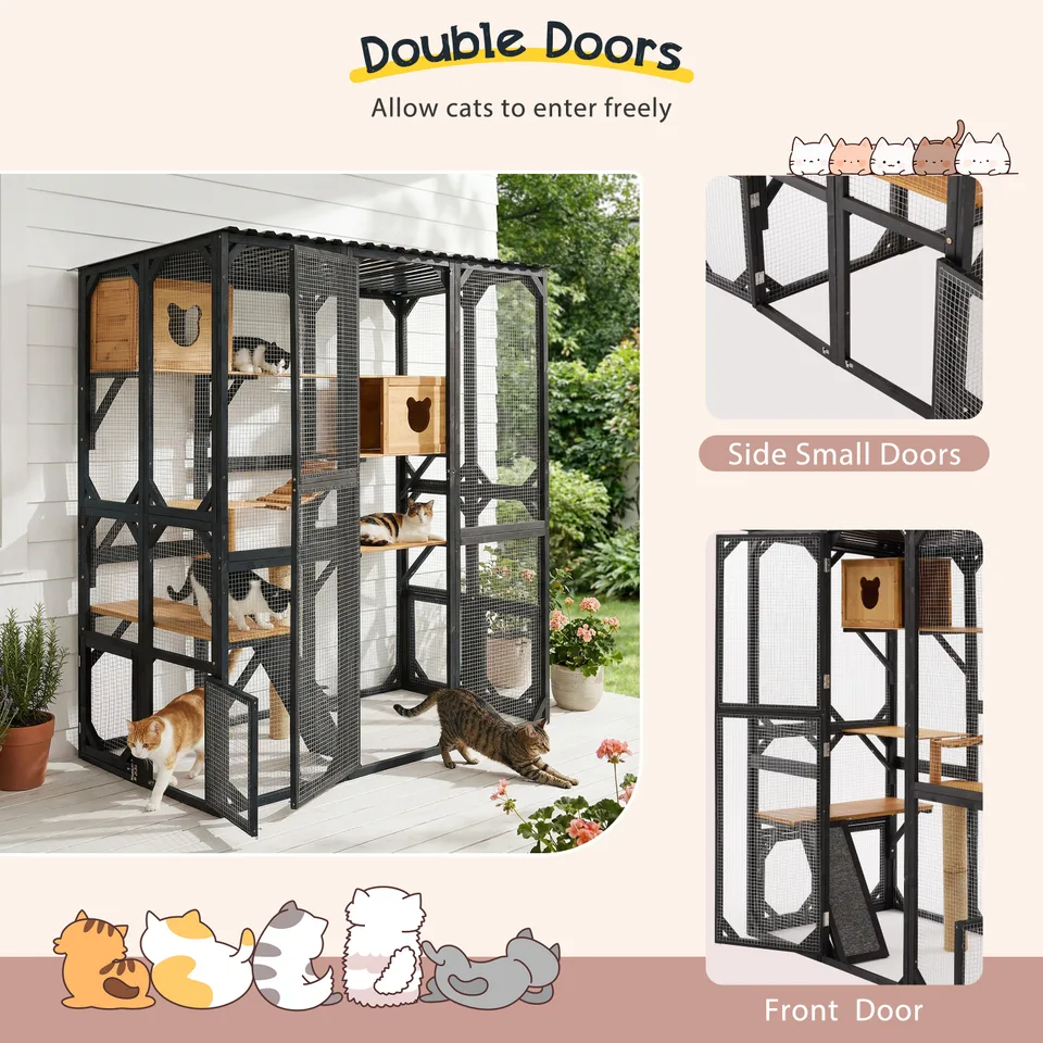 Outdoor Cat Enclosure Fir Wood Catio Outdoor Cat House Patio Cat Playpen with Sleeping Houses, Jumping Platforms, Scratching Post and Secure view 11