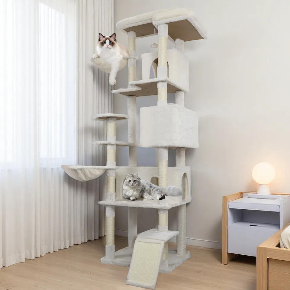 84 in Beige cat tree tower with large condo sisal scratching post big hammock and top platform view 1