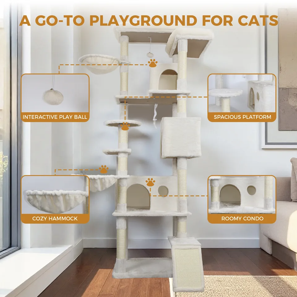 84 in Beige cat tree tower with large condo sisal scratching post big hammock and top platform view 3