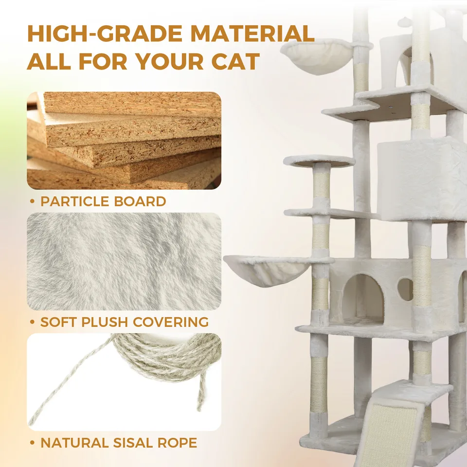 84 in Beige cat tree tower with large condo sisal scratching post big hammock and top platform view 5