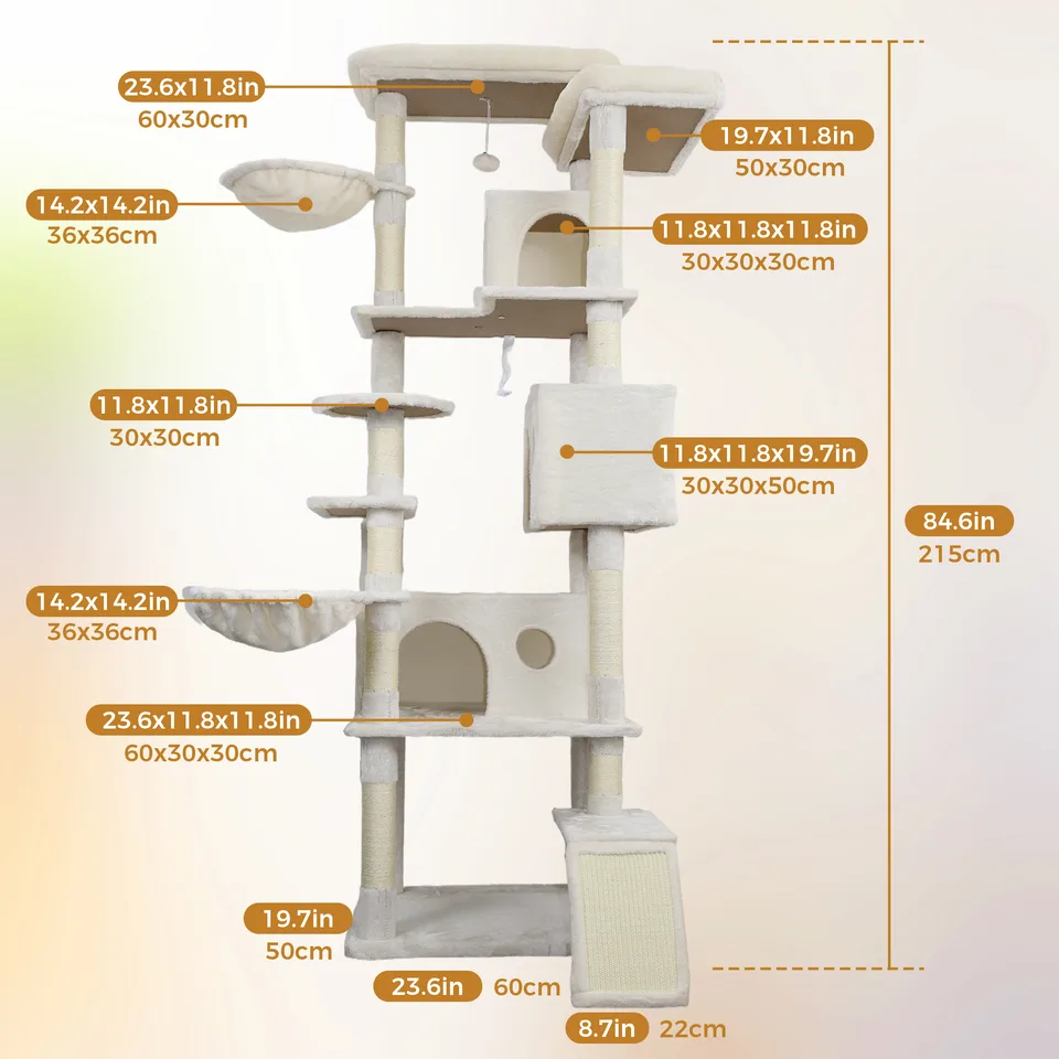 84 in Beige cat tree tower with large condo sisal scratching post big hammock and top platform view 4