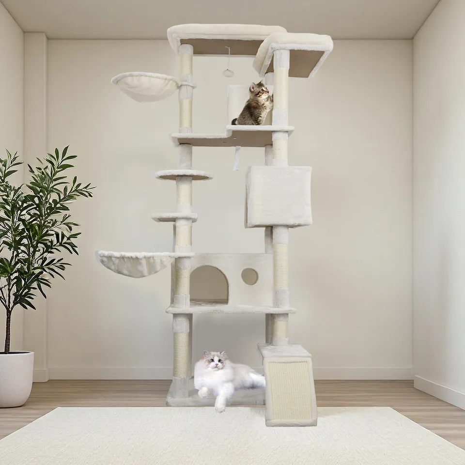 84 in Beige cat tree tower with large condo sisal scratching post big hammock and top platform view 2